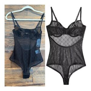 INC International Concepts Black Sheer Monogram Bodysuit